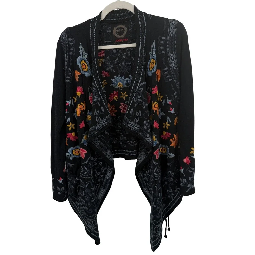 Johnny Was Biya Cardigan Womens S Black Embroidered Draped Open Front B50918-3 - Picture 1 of 4